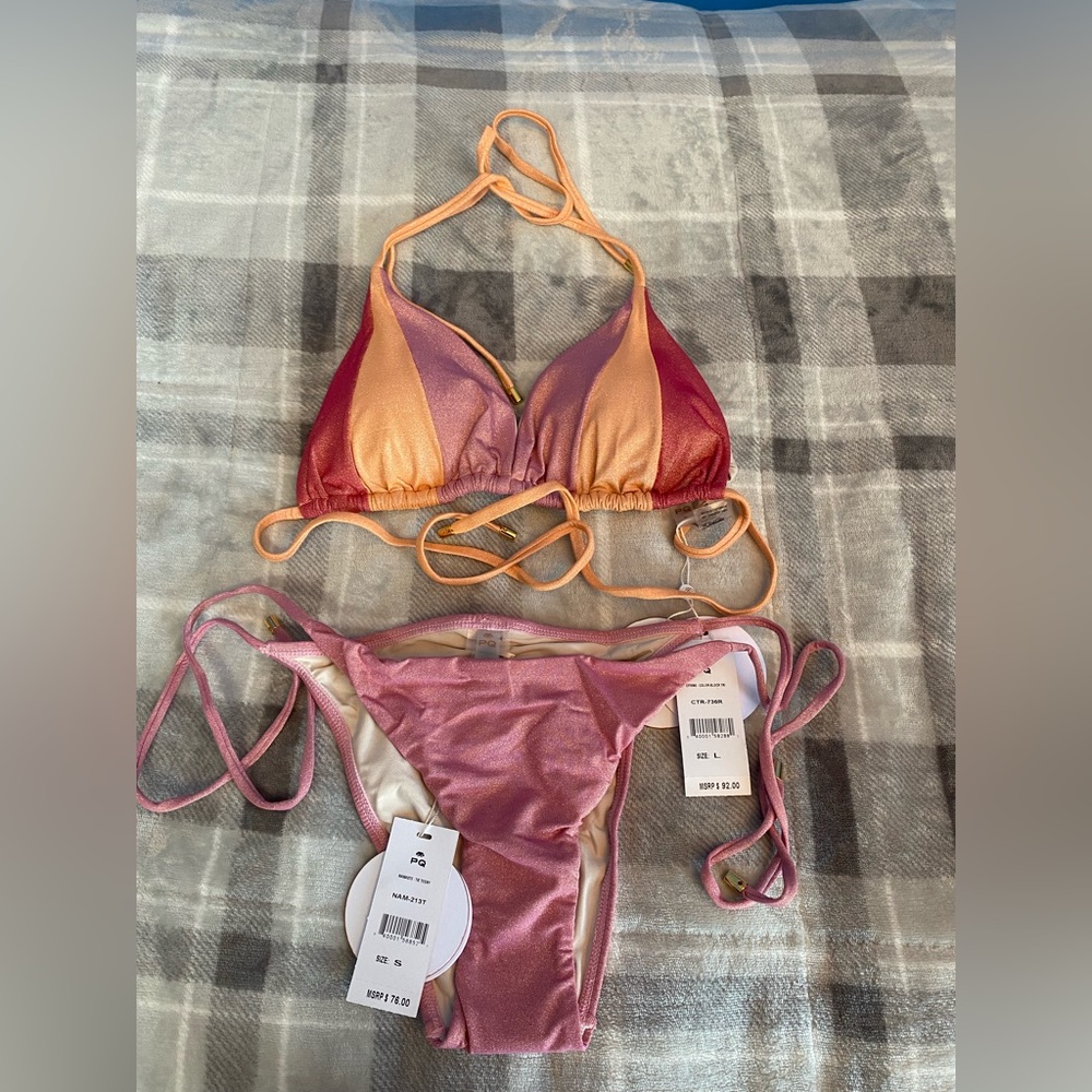 PilyQ PQ Swim L color block top with Namaste size S teeny cut bottoms NWT